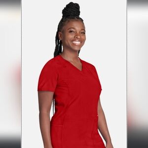 Cherokee iFlex Women's V-Neck Knit Panel Top RED Sz S Top Only Retail $32.99